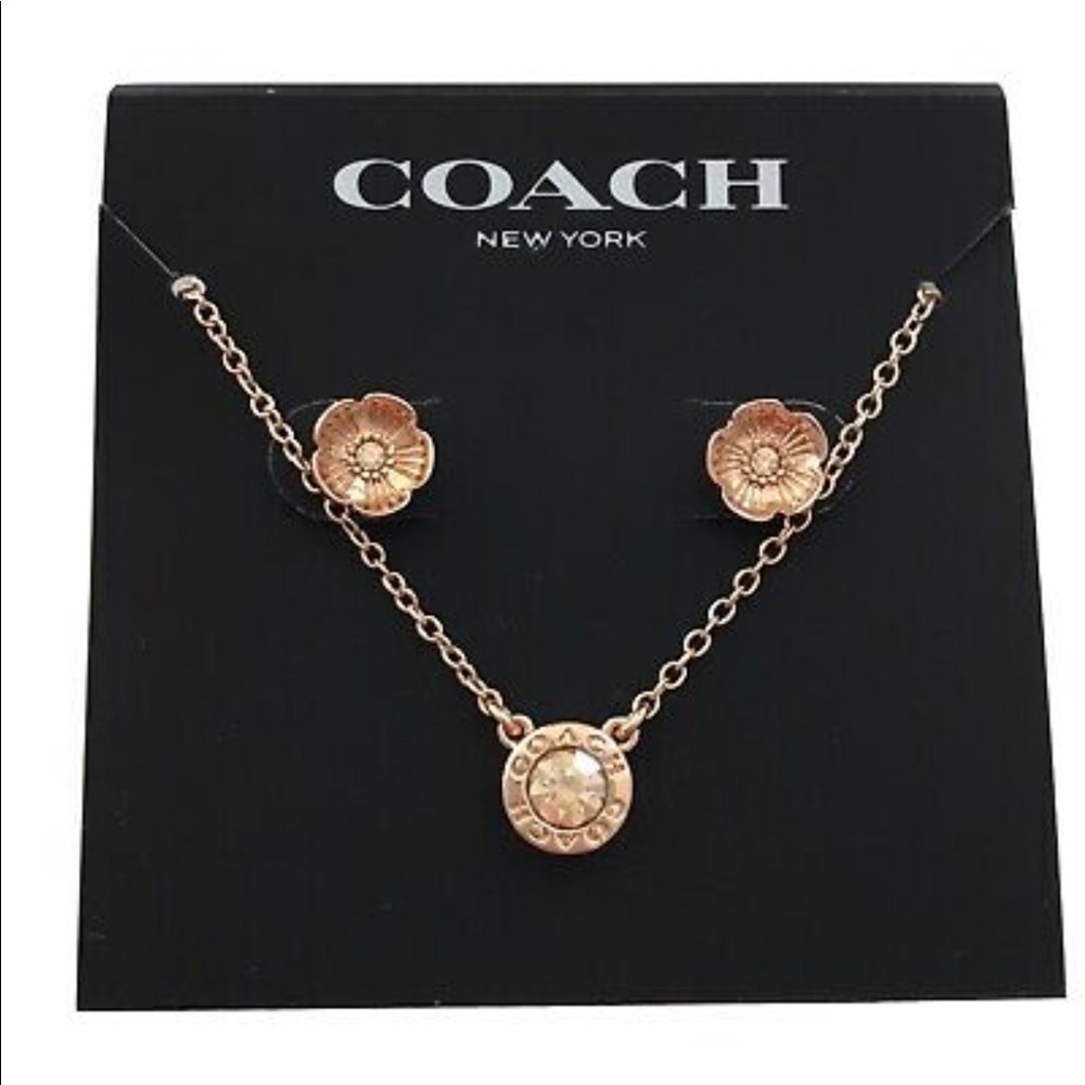 COACH Current Season Open Circle Necklace & Tea Rose Stud SET BNWT  ROSE GOLD - Picture 2 of 7